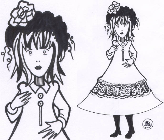 Gothic Lolita drawing, La Carmina fan art, Goth girl Edward Gorey style picture, by Optivion Ruby Winkle artist.