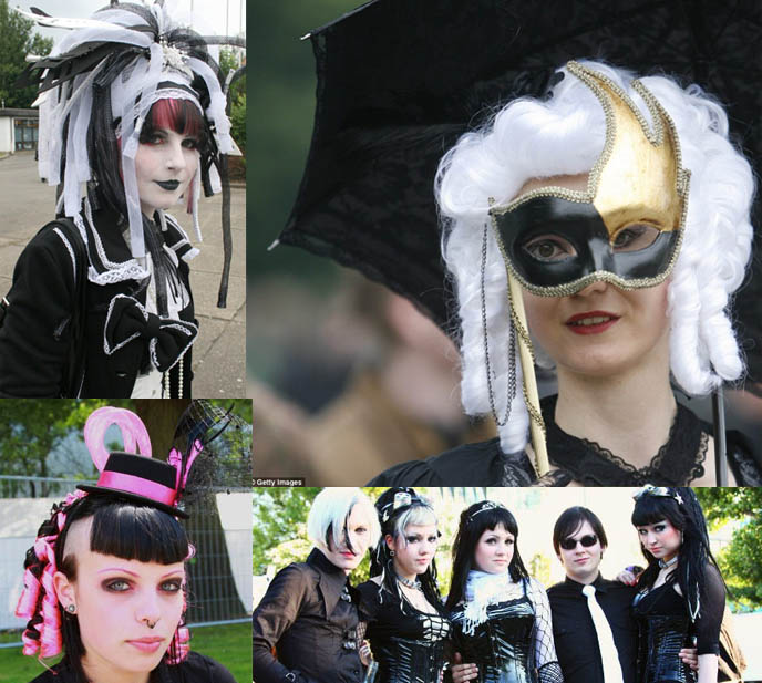 hot sexy goth girls, fetish latex clothing, miniature top hats at Wave Gotik Treffen music festival in Leipzig Germany, rivethead industrial fashion, steampunk, cyberpunk clothing, Gothic bands, gotik meetup, Western goth subculture makeup, masks and hair