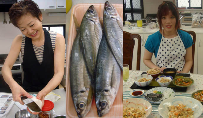 Fresh mackerel, peeling a daikon. Japanese cooking classes in Tokyo, taught in English, taking Japan home cooking lessons, Tokyo chef school or culinary institute, TV show host chef, food tour of Japan, Miyoko Isomura cookbooks.