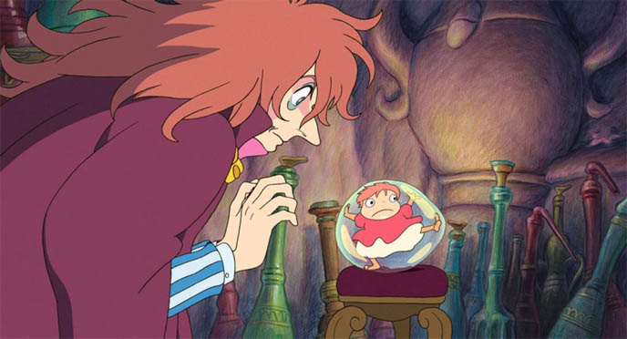 Ponyo anime movie by Hayao Miyazaki, Studio Ghibli, goldfish father Fujimoto, film stills from Ponyo, eating ham, mother of little boy, chick transformation weird