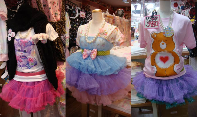 rainbow tutu skirts, ballerina skirt several colors, lace and tuile, pretty princess girls clothing costumes, Fairy kei shopping, stores in Harajuku Tokyo Japan, SBY Happy Room, cute 1980s pastel tutus, bunny rabbit plush toys, kawaii cute fairy fashion, 6% dokidoki, pink retro 80s Japanese fashion for girls, My Little Pony, Jem and Holograms fashion style