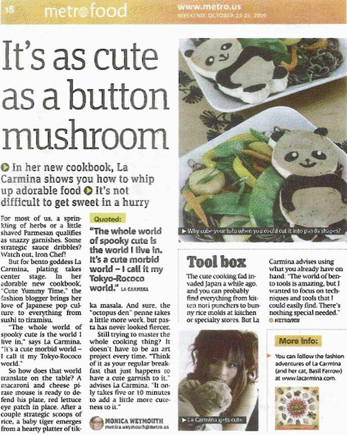 Cute Yummy Time kawaii recipes book, bento decoration, charaben character bentos artist, cookbook for making Hello Kitty cute food, La Carmina interview and article in Metro NY, panda soba tofu, Scottish Fold famous celebrity cat, fun food for kids, ideas for family food