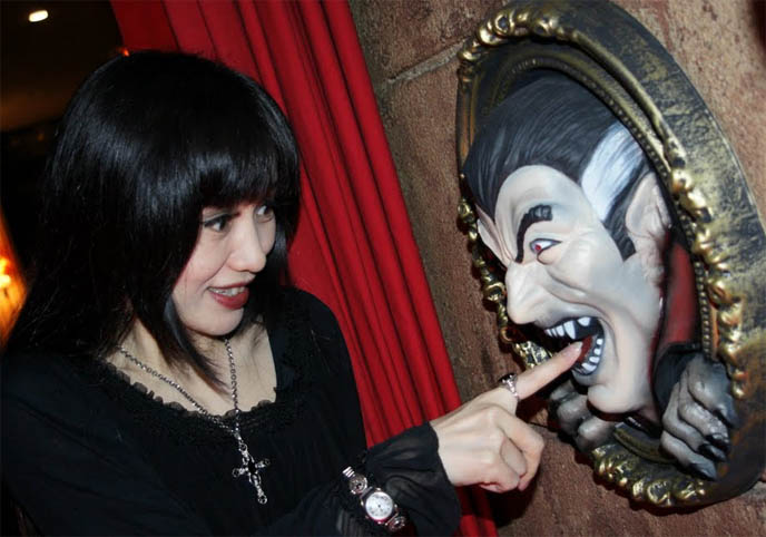cute Japanese goth woman, Count Dracula Halloween decoration, Crazy Wacky Theme Restaurants Tokyo.