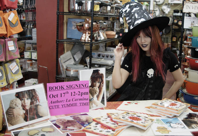 author book signing, autographing books at bookstore, famous young authors, GOTH WITCH HAT & DRESS, PHILADELPHIA CUTE YUMMY TIME BOOK SIGNING, KIDS RECIPE BOOK INSPIRED BY CHARACTER BENTOS. h naoto skull dress, witch's hat Halloween outfit, emo teen hair and makeup, where to buy Japanese fruits street fashion, charaben lunch in box obento