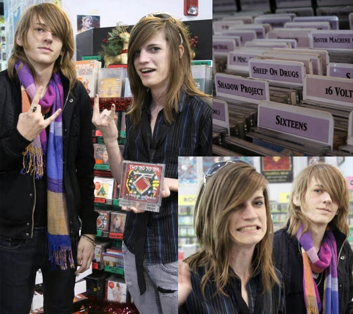 cute teenage boys laughing, teens hanging out, Amoeba Records in Los Angeles on Sunset Blvd, Twisted Sister christmas album, heavy metal cds, funny death metal section in Amoeba Records, band names sheep on drugs, long hair on men, emo scene hair, visual kei boys, heavy metal hand sign and symbol, j-rock yaoi boyslove.