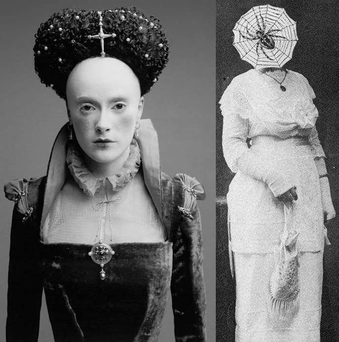 elizabethan dress and hair, Queen Elizabeth hat, woman with spider face, spooky black and white photographs, GOTH MACABRE HAUTE COUTURE: JAPANESE MAGAZINE FASHION PHOTOS, TWISTED DISTURBING GHOSTLY IMAGES. STEAMPUNK & NEO-VICTORIANA.