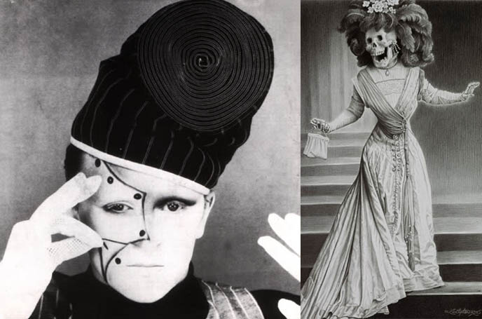 Steve Strange singer of Visage, new romantic makeup and hair, day of the dead mexican mask, ghost dead woman in long dress, spooky black and white photographs, GOTH MACABRE HAUTE COUTURE: JAPANESE MAGAZINE FASHION PHOTOS, TWISTED DISTURBING GHOSTLY IMAGES. STEAMPUNK & NEO-VICTORIANA.