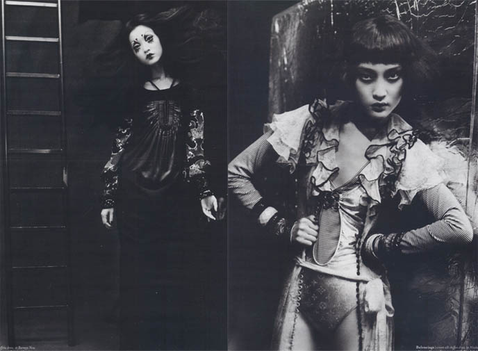 sultry Japan girls fashion models, 1920s jazz age dresses and styling, vintage costumes, spooky black and white photographs, GOTH MACABRE HAUTE COUTURE: JAPANESE MAGAZINE FASHION PHOTOS, TWISTED DISTURBING GHOSTLY IMAGES. STEAMPUNK & NEO-VICTORIANA.