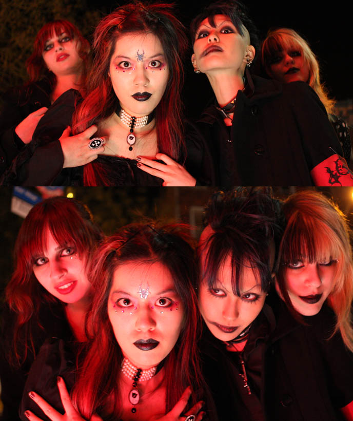 MY ALL-GIRL SPOOKY JAPANESE GOTH BAND! SCARY VISUAL KEI MAKEUP, BLACK LIPSTICK, GOTHIC GIRLS OUTSIDE TRASH & VAUDEVILLE NYC, St Marks Place shopping, punk gothic lolita clothes in new york, shopping guide alternative clothing, cute Asian Harajuku girls, shaved head punk girl, Victorian mourning dresses, EGL elegant gothic lolita, neon city lights photography, spider on forehead