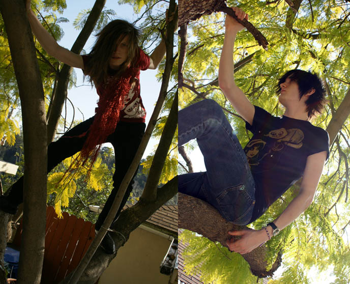boys climbing trees, sitting on tree branches, PRETTY VISUAL KEI BOYS IN NATURE: LA CARMINA X AKUMU INK FASHION LINE PHOTOSHOOT IN HOLLYWOOD HILLS, teen boys, cute pretty teenage boy, emo kids, emo male hairstyles, visual kei hair and makeup, big goth hairdos for men, asymmetrical cool emo goth haircuts, japanese mullet, gothic lolita clothing wholesale, japanese clothes for sale
