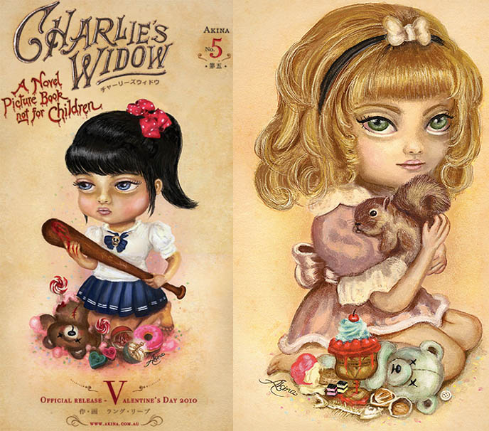 spooky fairy tales, childrens twisted stories, grimms fairy tales, akina handmade bound book, art books in Australia, charlie's widow, charlie and chocolate factory art, roald dahl artwork, paintings of gothic lolita girls