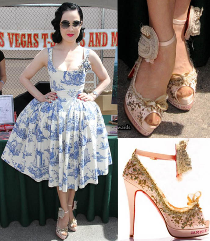 DITA VON TEESE IN VIVIENNE WESTWOOD VINTAGE ROCOCO DRESS. CHRISTIAN LOUBOUTIN MARIE ANTOINETTE SHOES. WESTWOOD PUNK BALLROOM GOWNS. burlesque artist dita von teese new book, signing in las vegas, marilyn manson's wife book tour, goth celebrities, famous gothic people